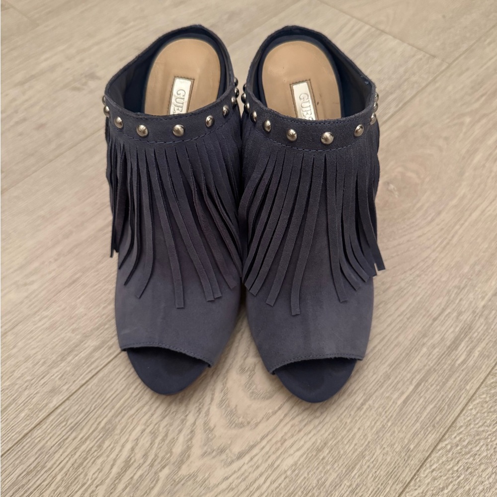 Guess Blue Fringe Mules with Metal Studs